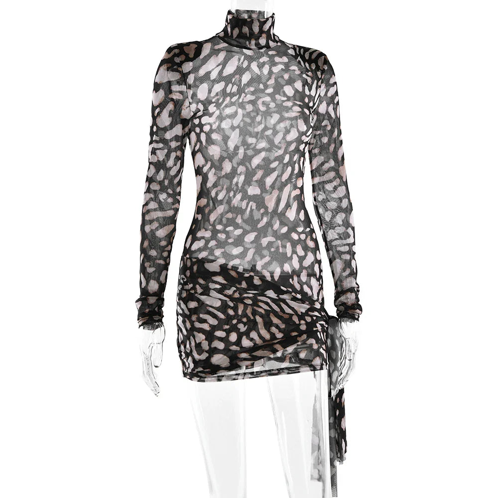 Fantoye Turtleneck Sexy Sheer Print Leopard Bandage Women Dress Long Sleeve Mini Dress Lady Spring Slim Elegant Party Club Dress