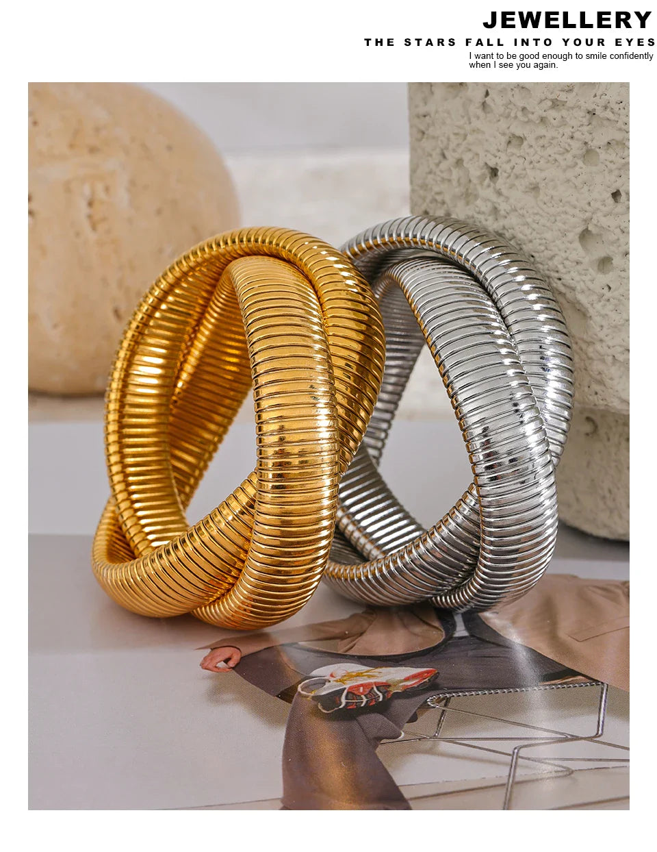 Yhpup 316L Stainless Steel Wide Heavy Metal Stackable Bracelet Bangle Waterproof 18K PVD Plated Texture Charm Statement Jewelry