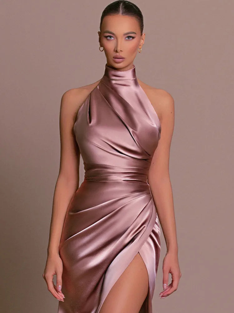 Formal attire Dresses: Halter Sleeveless Thigh High Split Maxi Dress For Women