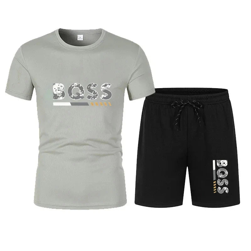 Summer men's short sleeved set, casual fashion, men's quick drying summer sports set, breathable mesh short sleeved T-shirt shor