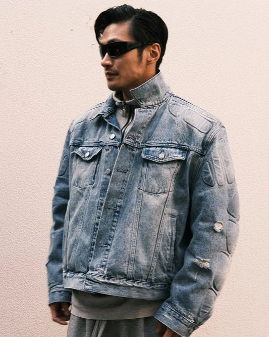 Retro Cargo Denim Jacket Man Gothic Turtle Shell Pattern Hip Hop Bomber Jackets