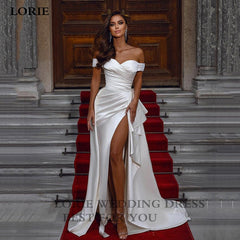 LORIE Princess Wedding Dress Side Split Satin Pleats Bride Dresses Off The Shoulder Wedding Party Dress Long Train