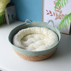 Rattan Woven Pet Cat Bed With Cushion Soft Warm Comfortable Sleeping Basket