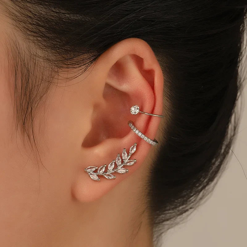 EVISPOL Fashion Exquisite Crystal Zerconia Ear Cuff Earrings for Woman Non Piercing Leaf Clip Earrings Christmas Jewelry Gift