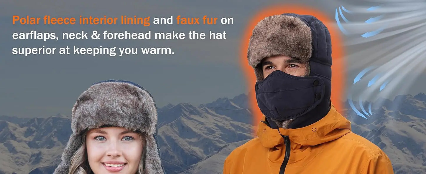 Connectyle Men's Warm Chunky Trapper Hat Removable Windproof Winter Russian Hats with Mask Ushanka Hat