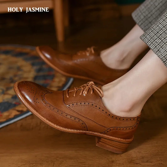 Lace-Up Brogue Shoes for Women Vintage Oxfords Flat Shoes Woman Cowhide Lady Flats Retro Low Heel British Style Quality Oxfords