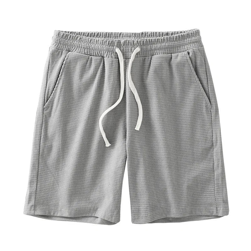 Men Shorts Solid Color Mid Waist Summer Motion Waffle Texture Deep Crotch Drawstring Male Shorts Loose Knee Length Casual Short