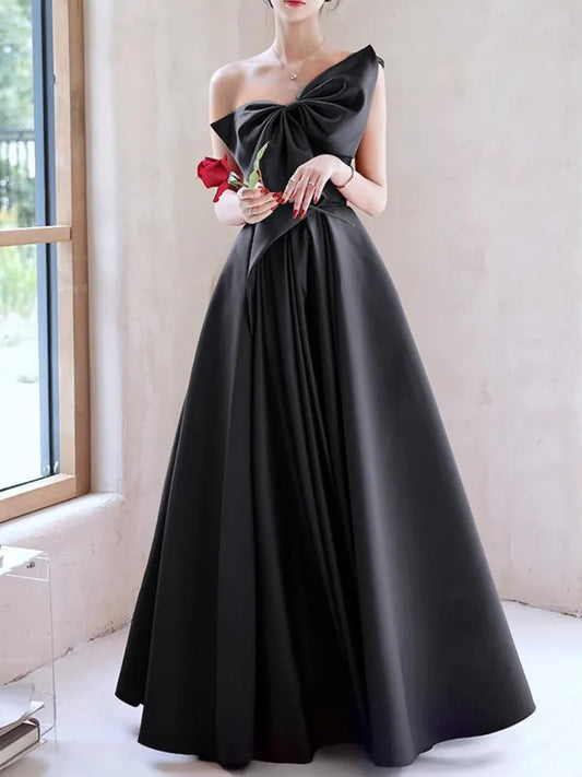 Elegant Temperament Prom Vestidos Bow Draped One-shoulder Cross Lace Up Dress