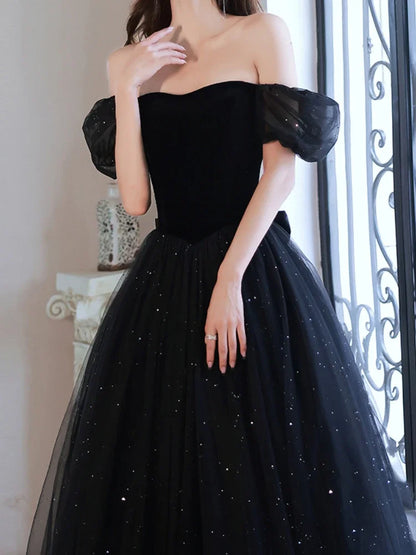 Homecoming Dresses: Women Evening Dress Puff Sleeve Boat Neck Cross Lace Up