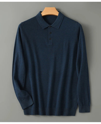 Spring Autumn Men Shirt  Merino Worsted Wool Knitted Pullover Long Sleeve Polo-Collar Clothing Tops Smart Casual Thin Outerwears