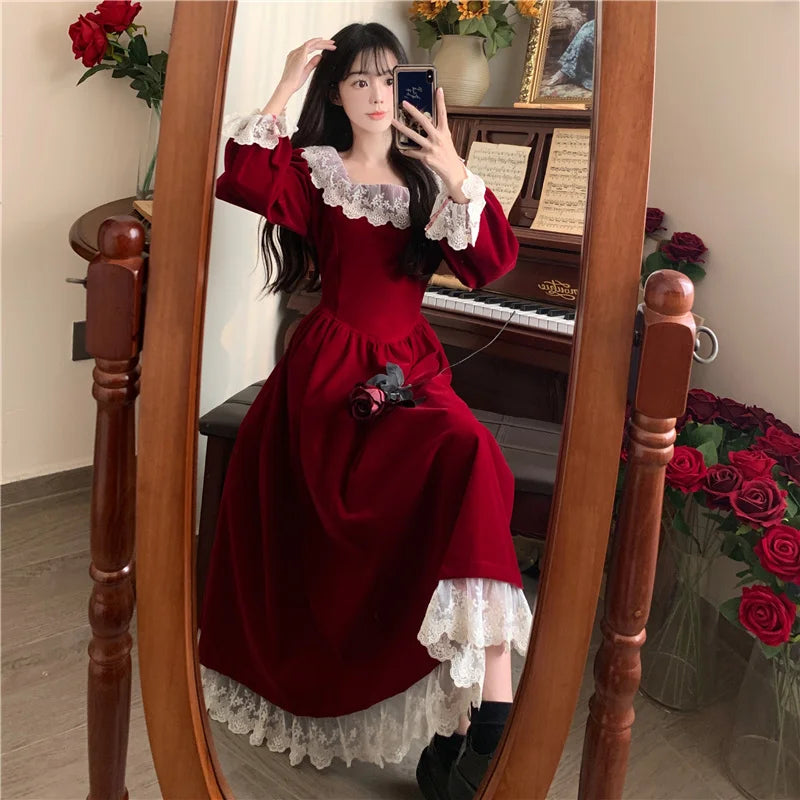 Evening Dresses: Dress Vintage Lace Splicing Gold Velvet Red Long Dress Elegant