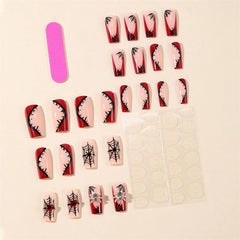 24Pcs Heavy Metal Halloween False Nail Tips Sliver Spider Design Handmade Full Cover