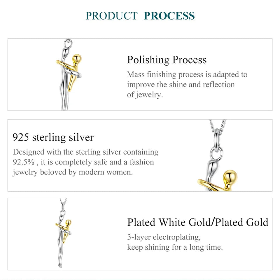 WOSTU Real 925 Sterling Silver Hug Embrace Pendant Necklace Silver Gold Two-tone Mom & Child Pendant Family Gift  Mom Jewelry