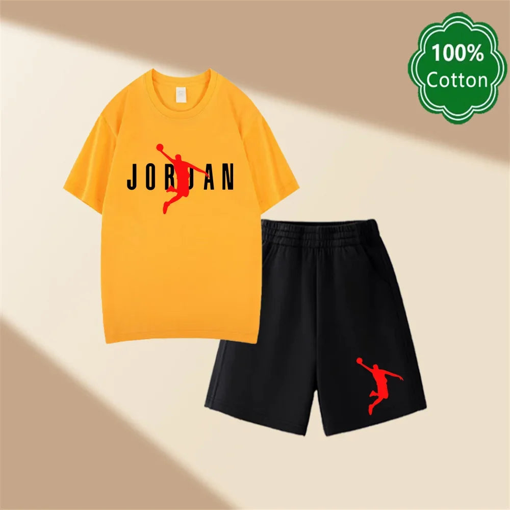 Summer New 3-14 Years Old Top Design Classic Set 100% Cotton Jordan Print T-shirt Casual Shorts Harajuku Boys/girls Gift