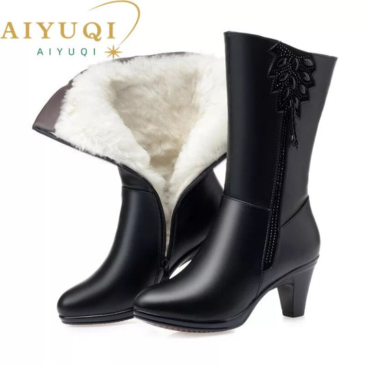 Women Winter Boots Cow Leather Long Winter Boots High Heel Wool