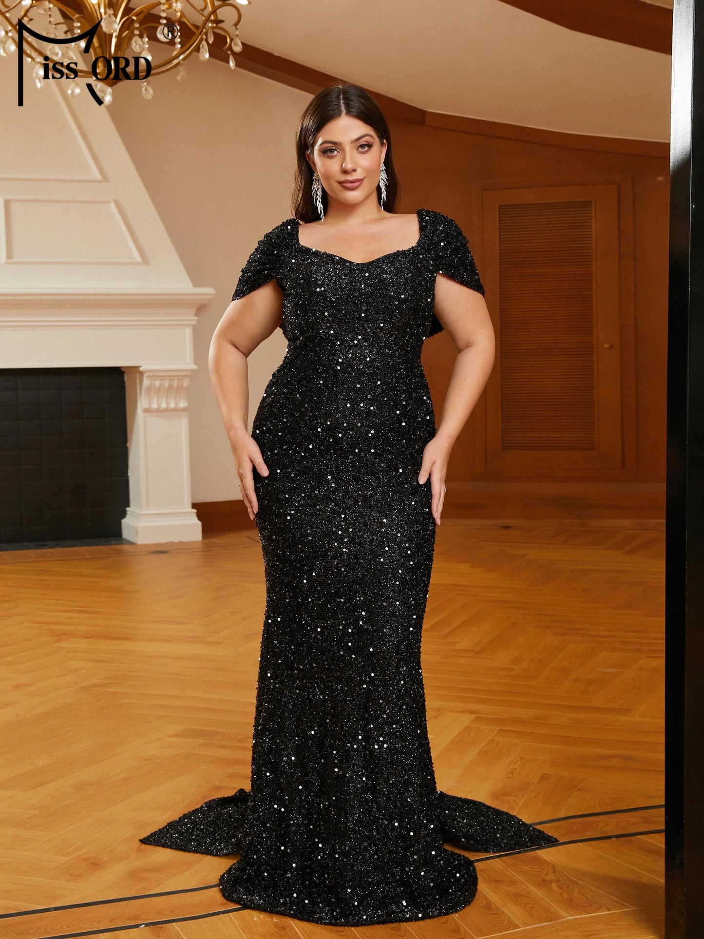 Missord New Plus Size Black Draped V-neck Short Sleeved Sequin Mermaid Evening Floor Length Dress