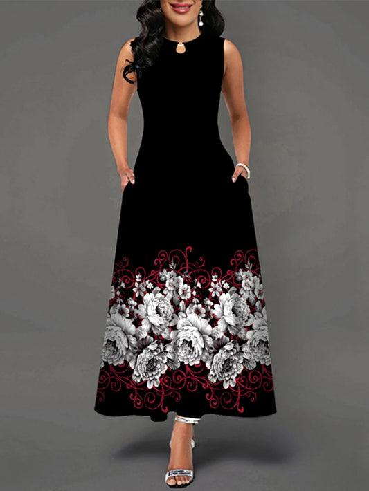 Lady Spring Summer Long Dress Black Sleeveless Floral Print Elegant Dresses