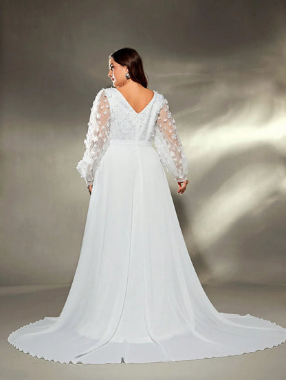 Mgiacy plus size V-neck three-dimensional embroidery chiffon train wedding dress Evening gown Ball dress Party dress