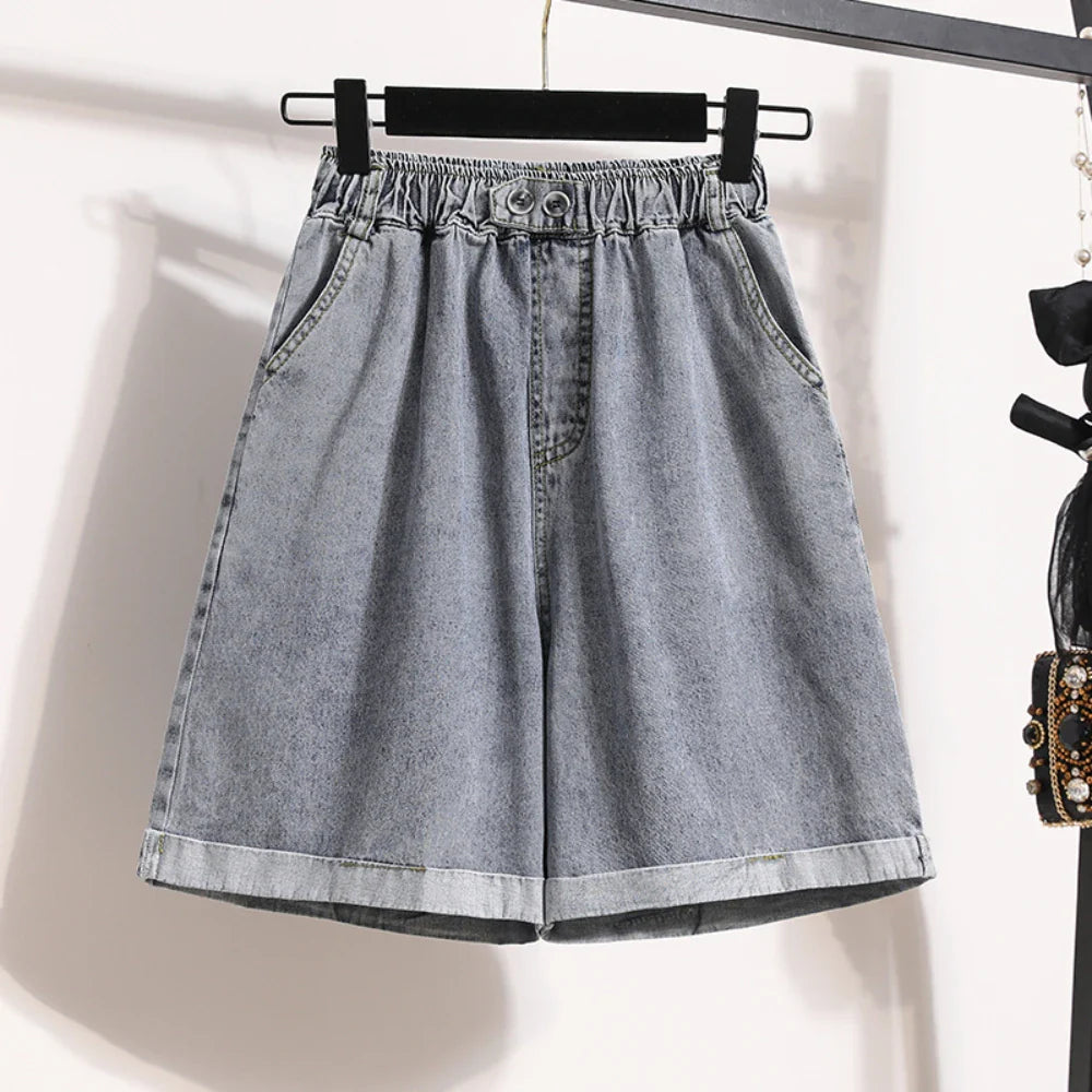 Plus Size Shorts For Women 2024 Summer New Arrivals High Elastic Waist Crimping Wide Leg Loose Streetwear Blue Jeans Shorts