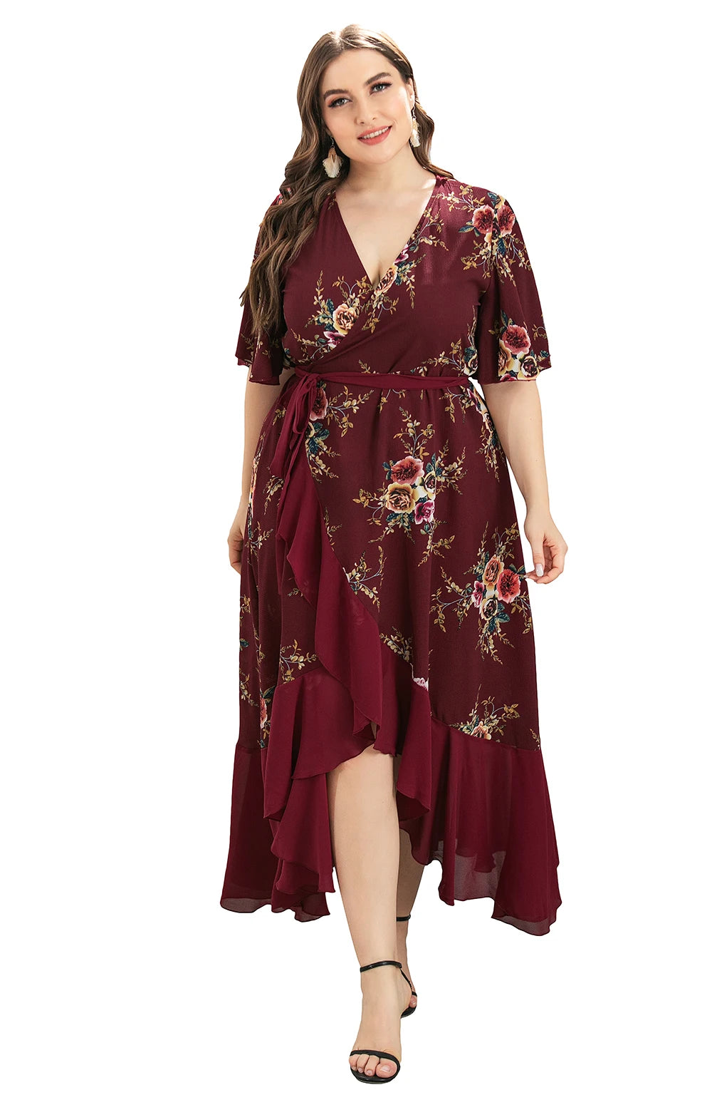 Plus Size Floral Print Maxi Long Bohemian Wrap Dresses For Women