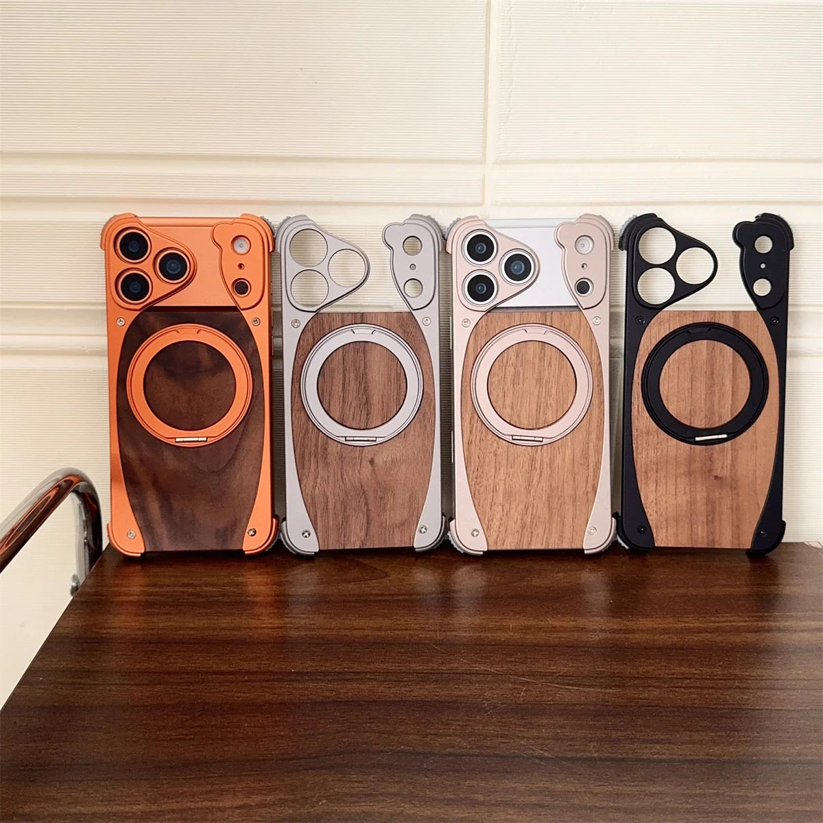 Walnut Wood Metal Aluminum Phone Case For iPhone 17 Pro 17 Pro Max Magnetic Bracket Shockproof Drop-proof Protection Cover