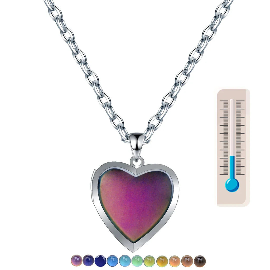 Heart Mood Locket Necklace Color Changing Necklace Temperature Mood Stainless Steel Love Shape Photo Pendant Necklace Jewelry