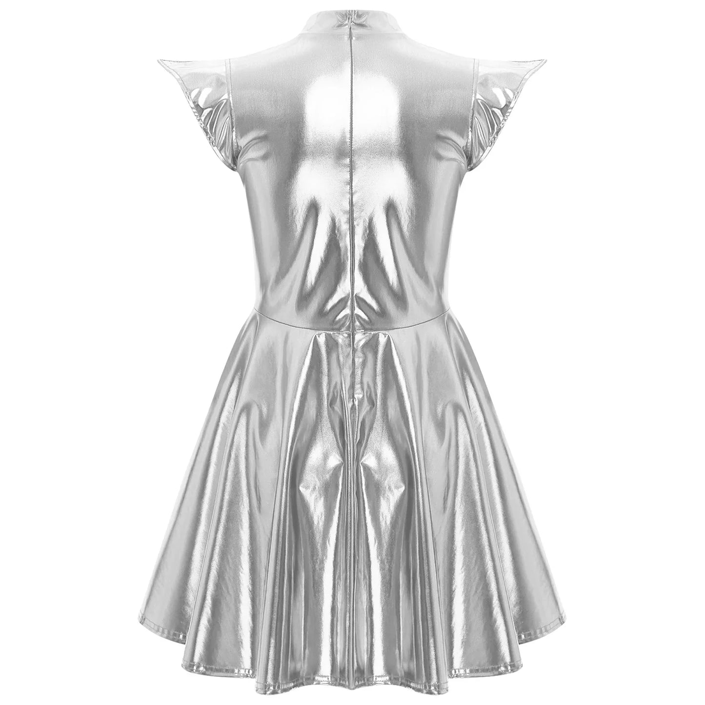 Womens Cocktail Dress Shiny Metallic Dress Alien Space Cap Sleeve High Waist A-line Dress for Halloween Party High Street Dress
