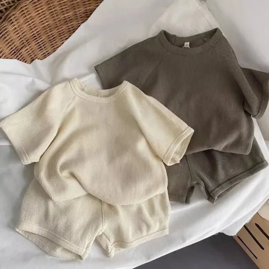Summer,Children Korean Style Clothing Set for Boys and Girls, Short-sleeved Shorts, Casual Sportswear, Solid Color, 2 Pieces