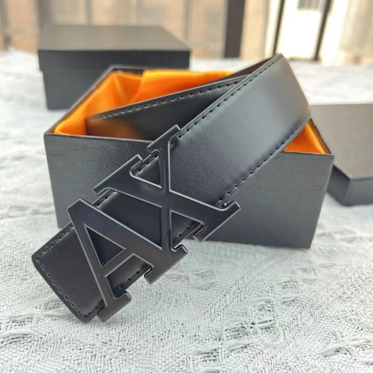 2026 Men's High Quality Belt 3.5cm Waistband with Letter AX Buckle Fashionable PU Leather Simple & Versatile Daily Accessory
