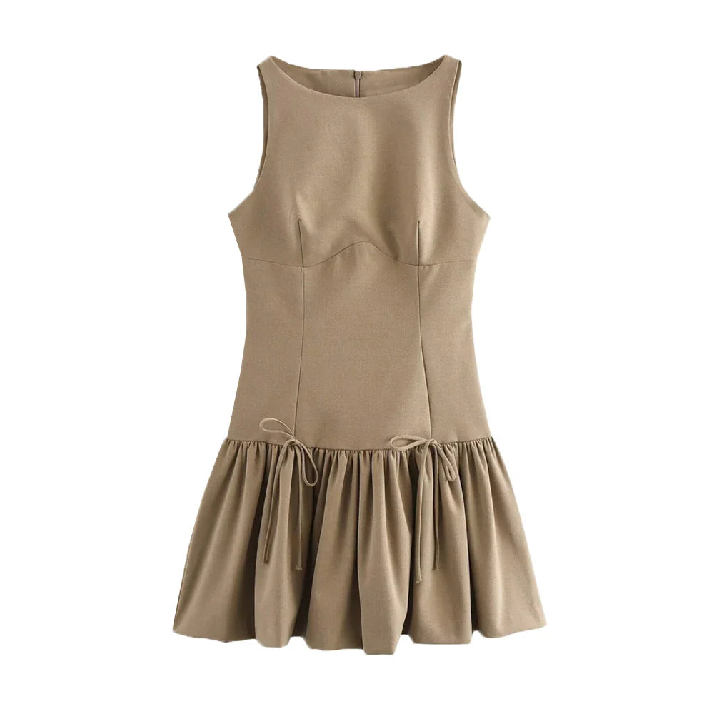 Women's Ruffled Mini Dress with Bows, O Neck, Sleeveless, Back Zipper, Female Dresses, Chic Fashion
