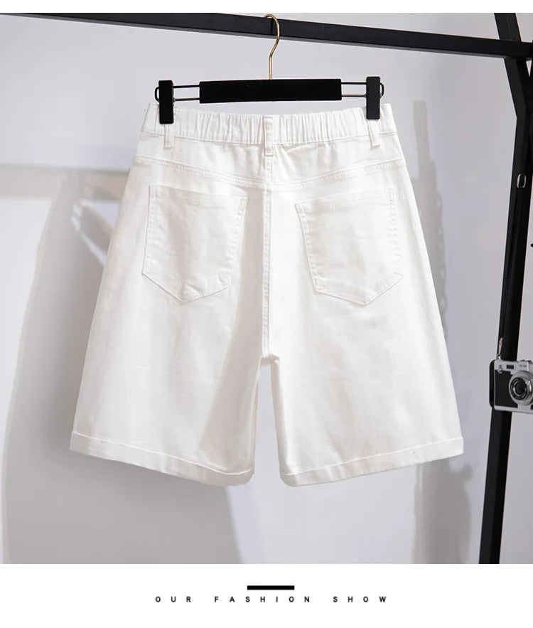 150Kg Plus Size Women's Five-Point Denim Shorts Hip 150 Summer High-Waist Loose Wide Leg Pants Blue Black 5XL 6XL 7XL 8XL 9XL