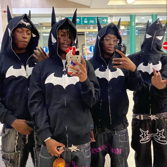 Y2K zip up hoodie Gothic Embroidery Bat anime hoodie Hip hop Men women oversized