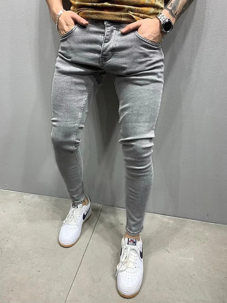 Men Fashion Thin Skinny Jeans Male Hip-hop Trousers Pure Color Ripped