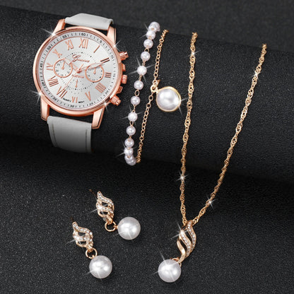 3/5PCS Women's Watch Fashion Roma Dial Leather Band Quartz Watches Pearls Jewelry Set(Without Box)