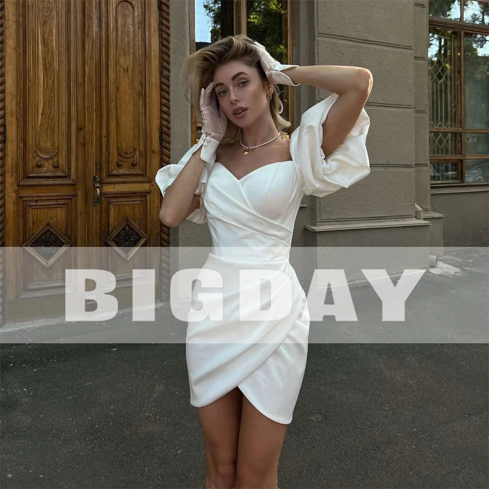 White Bridesmaid Dresses: Elegant Short Wedding Dresses Puff Sleeve Sweetheart