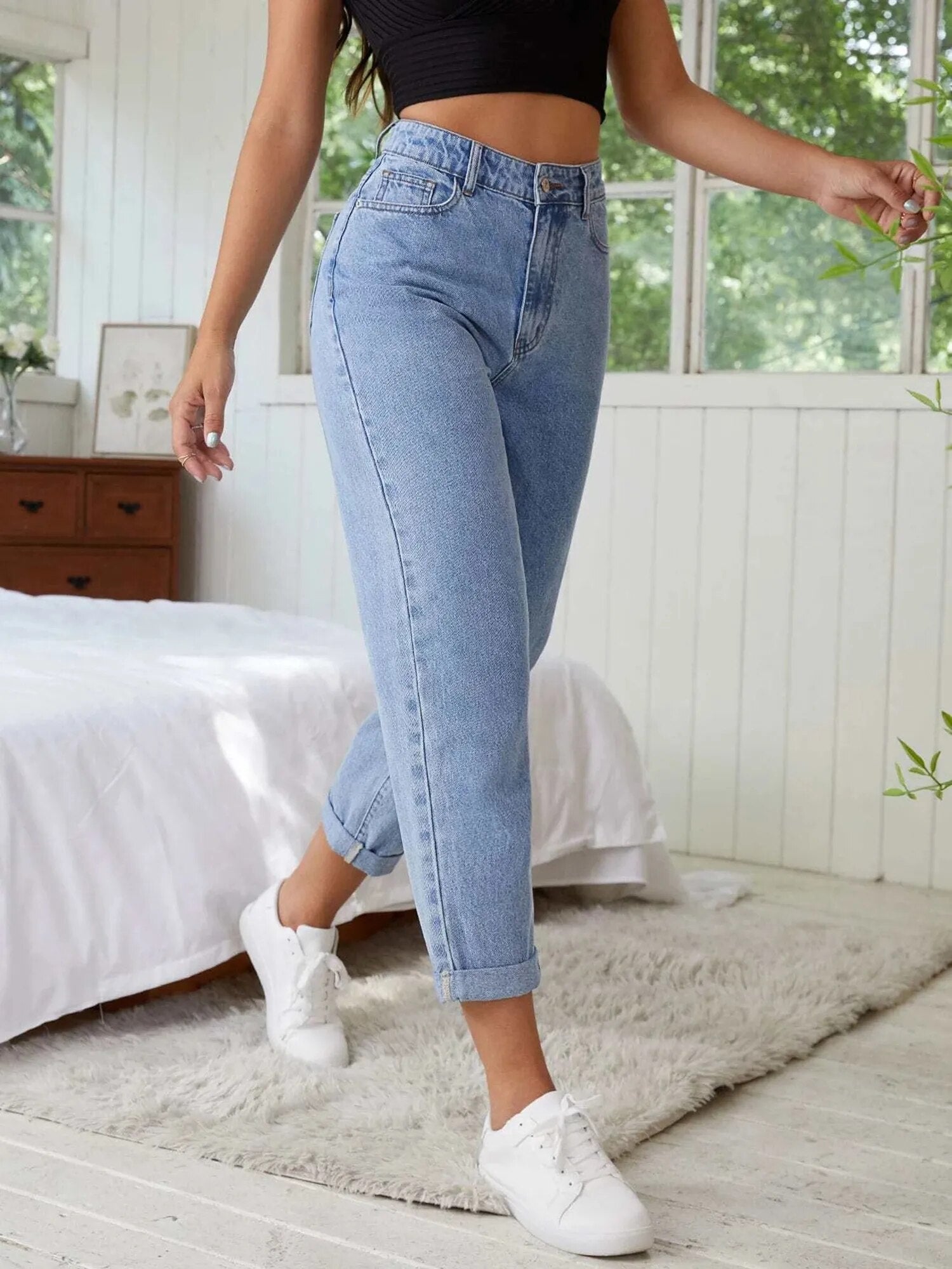 Plus Size Jeans for Women Light Blue Harem Jeans Women High Waist Stretchy Ankle Jeans 100 Kgs Spring and Summer Jeans for Mom