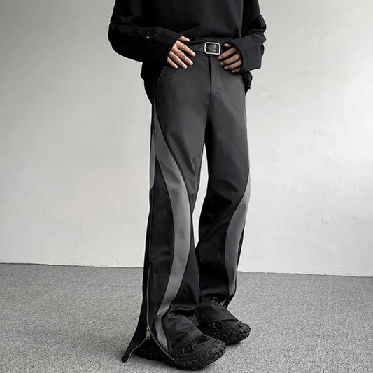 Men's Suit Pants Spliced Side Zippers Boot-cut Bottom Straight Leg Contrast Color