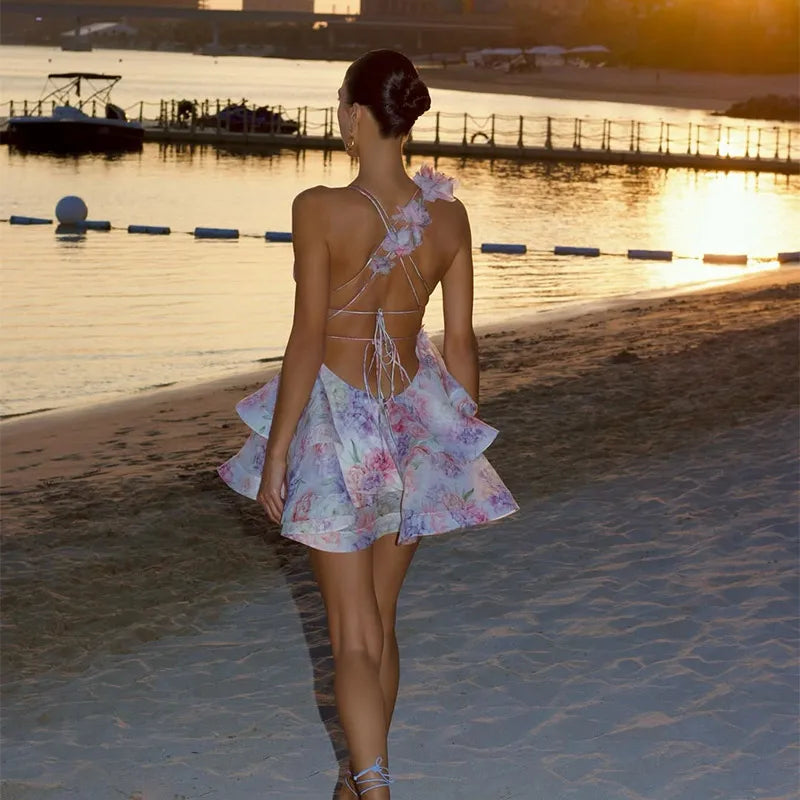 Fashion Flower Printed Ruffles Mini Dress For Women Chic Chiffon Bodycon High Waist Vestidos 2025 Lady Vacation Street Gowns New