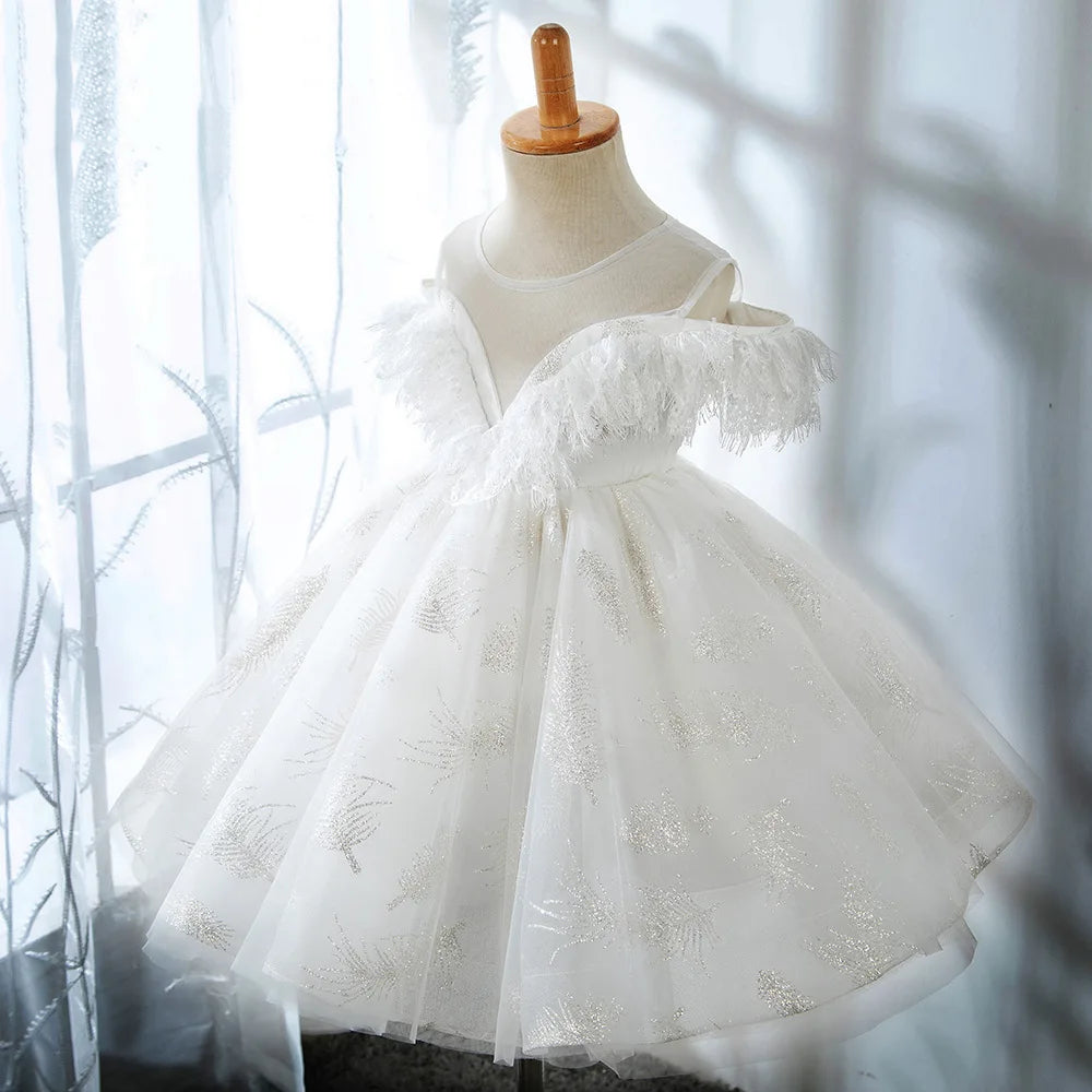 Kids Princess Dresses for Girls Children Feather Sequined Ball Gowns Toddler Birthday Wedding Frocks Baby Baptism Boutique Dress