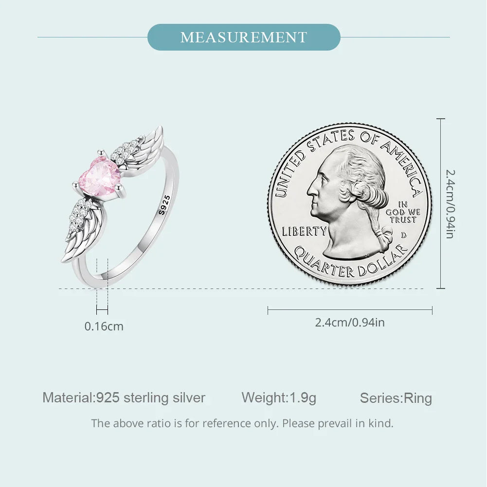 BAMOER 925 Sterling Silver Angel Wing Ring for Women Retro Feather Pink Heart Zircon Eternity Band Ring Anniversary Jewelry Gift