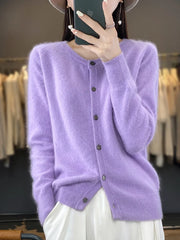 Women Cardigan Super Warm Pure Mink Cashmere Sweaters O-neck