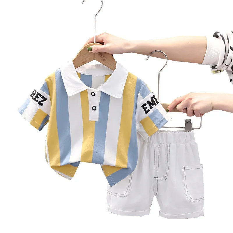 ‌New 2025 Boys Cotton Striped Shorts Set 2-Piece Summer Outfit Fashion Short Sleeve Casual Playwear Stylish Kids Clothing‌