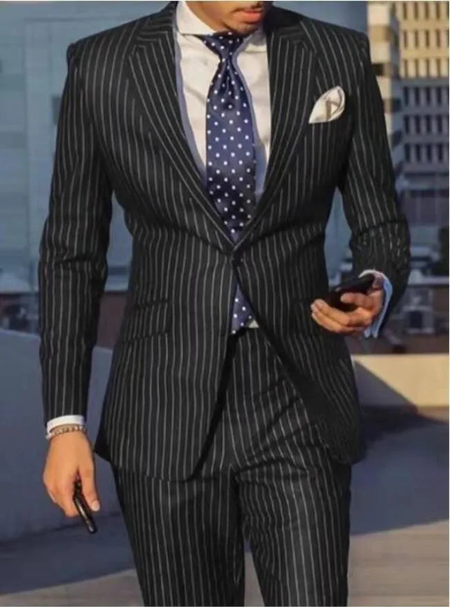 Tuxedo for Mens: Navy Blue/Black Striped Men Suits Slim Fit Notch Lapel Single Breasted