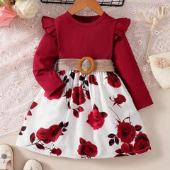 Children Girls Dress Red Long Sleeved Flower Skirt for Birthday