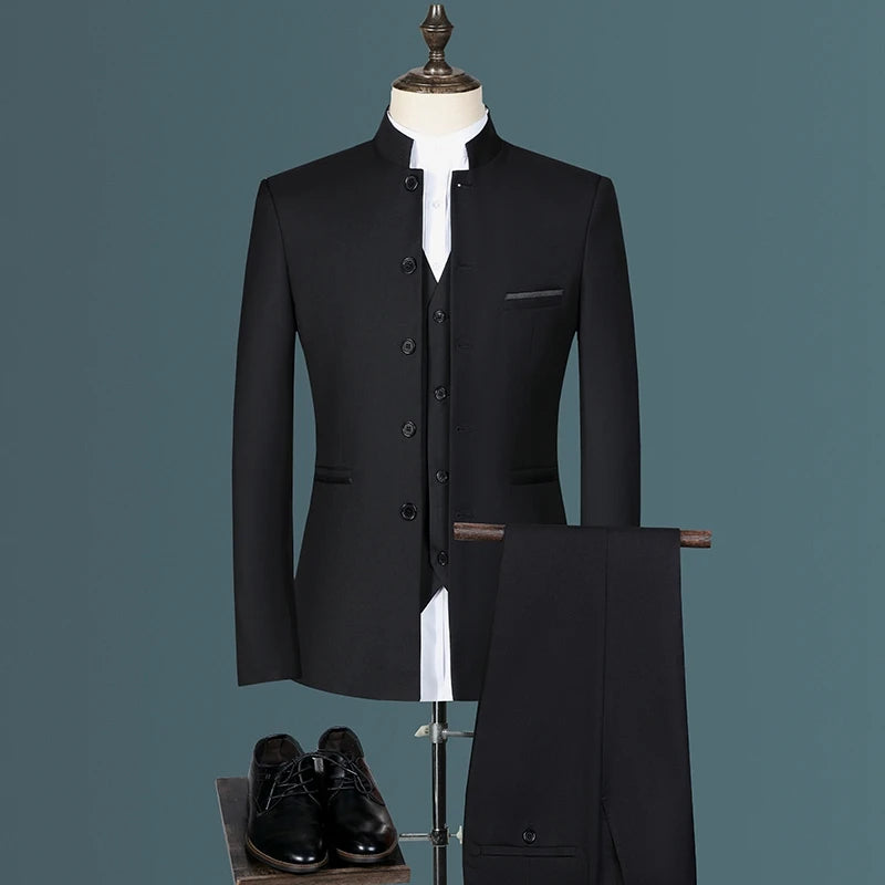Tuxedo for Mens: Men's Casual Boutique White Stand Up Collar Chinese Style 3 Pcs Suit
