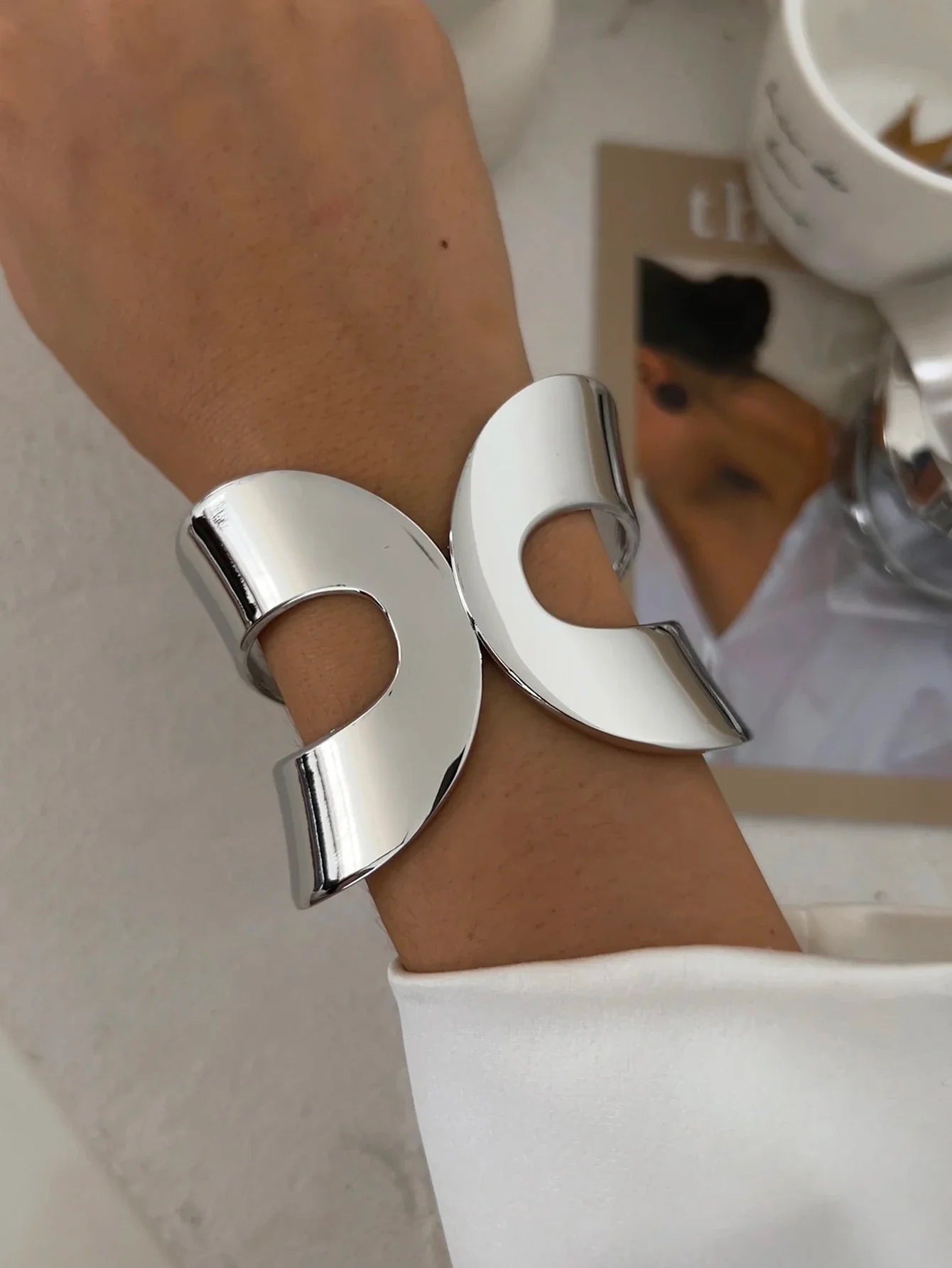 KunJoe Fashion Design Smooth Gold Color Chunky Spring Bangles for Women Exaggerated Geometric Wide Open Cuff Bracelet Unisex Men