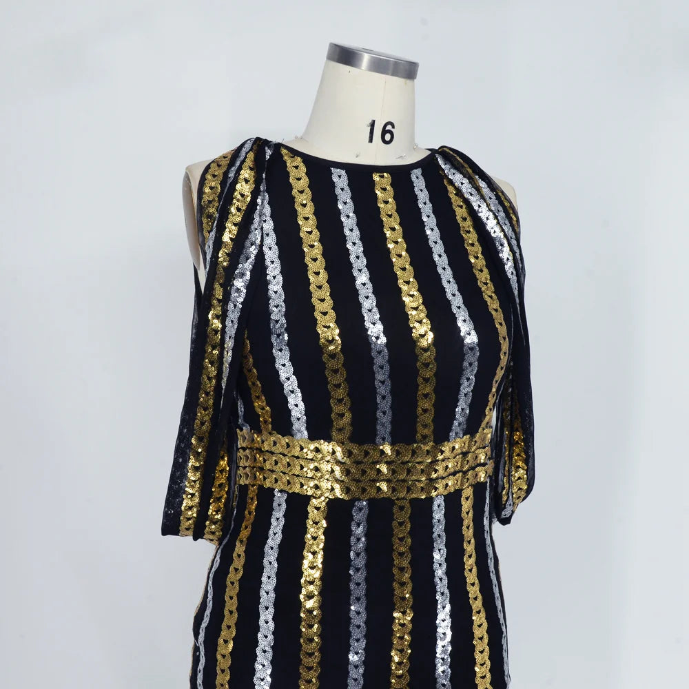 Evening wear Dresses: Female Sequin Draped Sleeve Birthday Wedding Dress