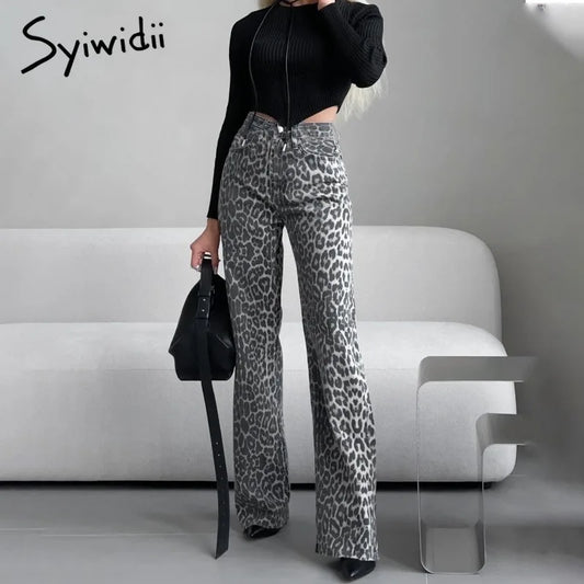 Straight Leopard Print Jeans for Women Elegant Ladies Gray Denim Pants