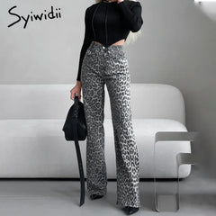 Straight Leopard Print Jeans for Women Elegant Ladies Gray Denim Pants