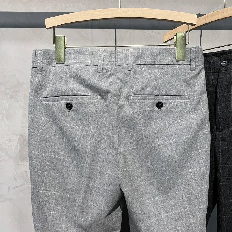 Plaid Suit Pants Men Summer Thin Casual Trousers  Ankle Length Business Formal Dress